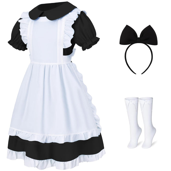 Weixinbuy Black Halloween Costume for Girls Kids Maid Costume Apron Fancy Dress Halloween Dress-Up Cosplay Costume Outfits with Headband and Stocking for Girl 13-14 Years Hover Image