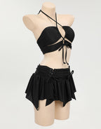 MEOWCOS Gothic Bat Pink Bikini Set Swimsuit Heart Buckle Halter Lace-up Top and Triangle Panty Bathing Suit Swimwear