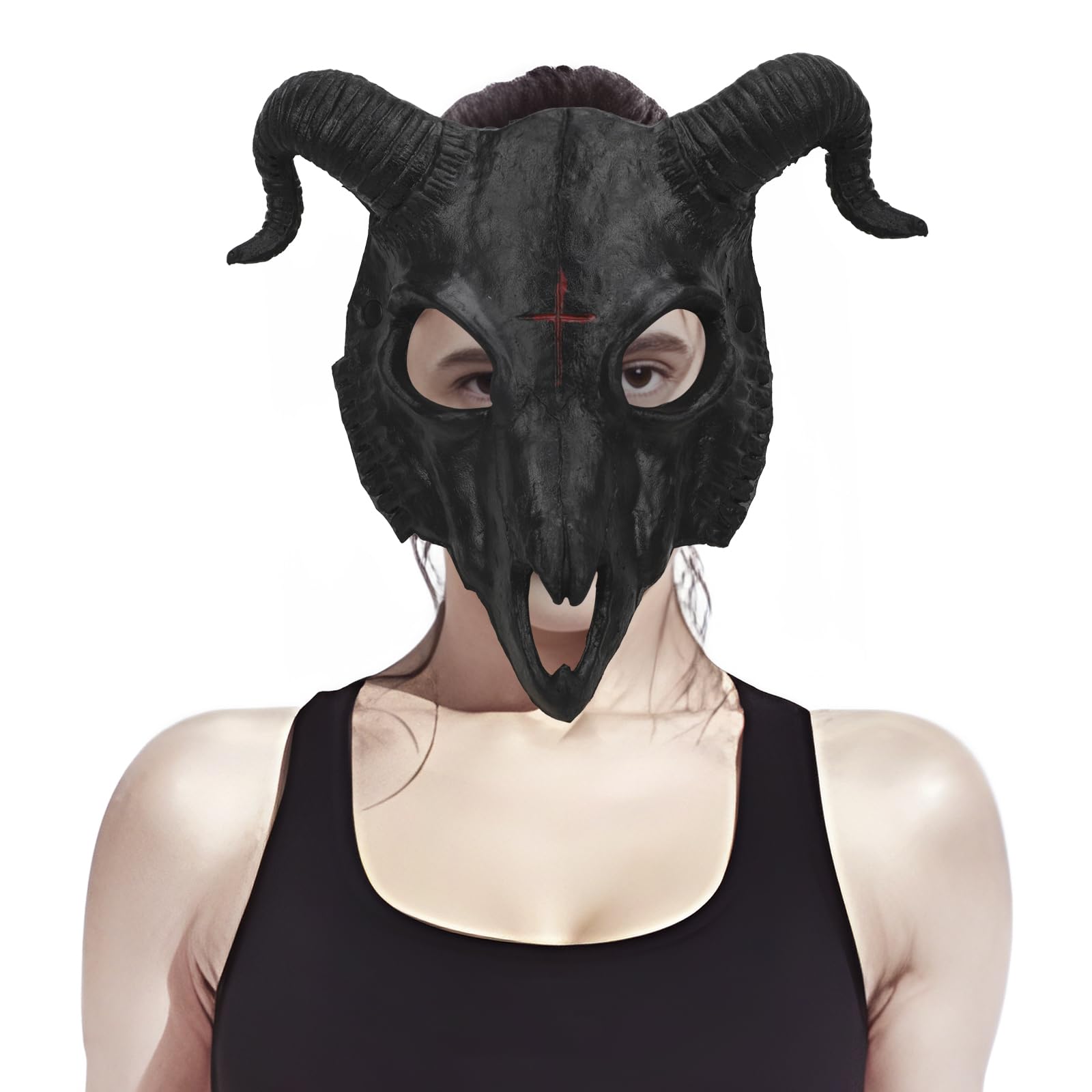 PURFUN Black Goat Head Skull Mask Ram Horns Animal Skull Costume Mask Horror Demon Devil Evil Mask Cosplay Halloween Mardi Gras Full Face Mask Creepy Party Decoration Prop