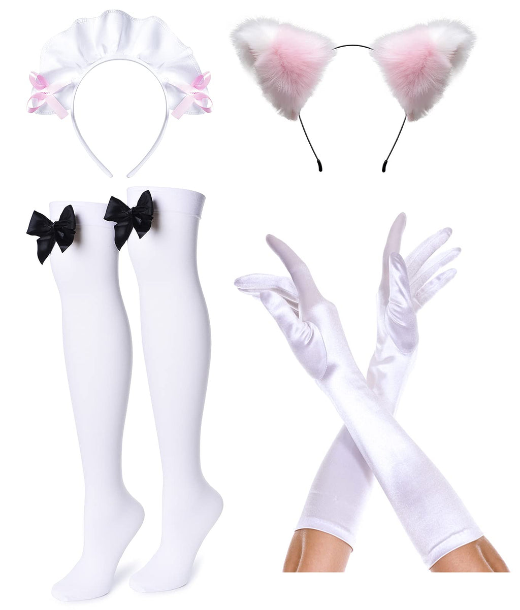 Japanese Anime Sissy Maid Dress Cosplay Sweet Classic Fancy Apron Socks Gloves Faux Fur Cat Furry Headwear Set Pink(S)