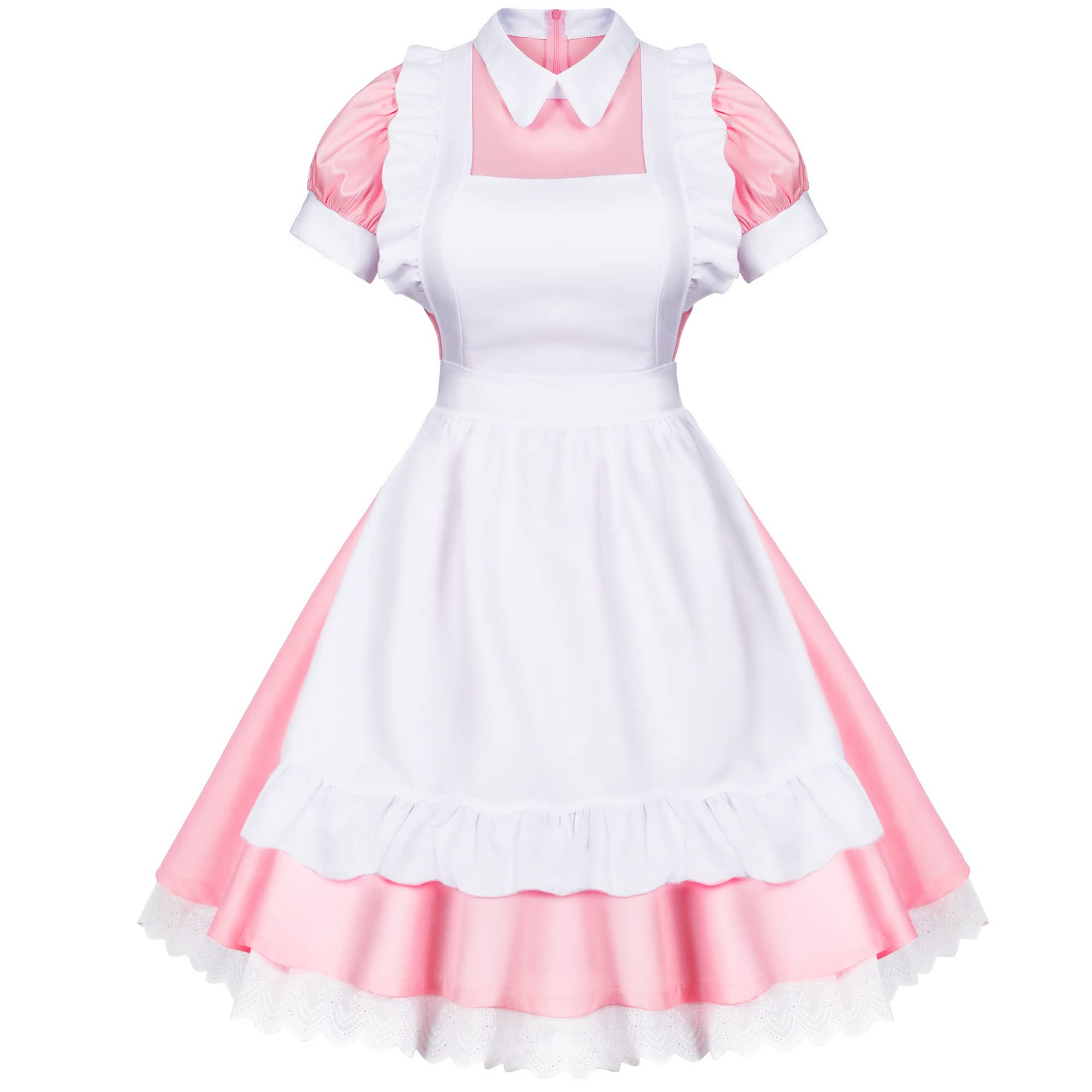 Wannsee Japanese Anime 6Pcs Lolita French Maid Apron Fancy Dress Cosplay Costume Gloves Headwear Socks set(Pink L)