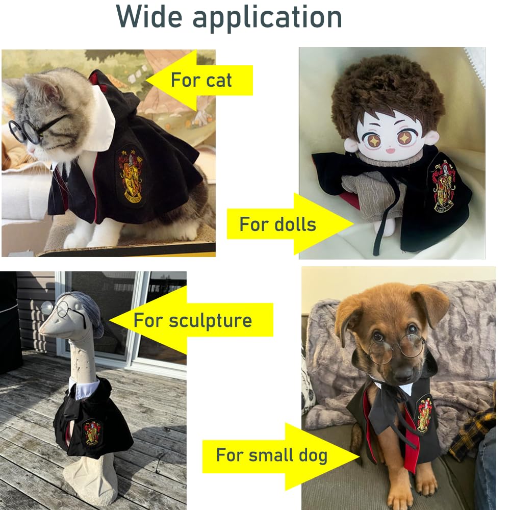 ANIAC 3PCS Halloween Dog Costume Cat Wizard Cape Glasses and Necktie Set Halloween Puppy Outfit Pet Academy Magician Cosplay Apparel for Kitten Cat Small Dogs (Black+Red, Small)