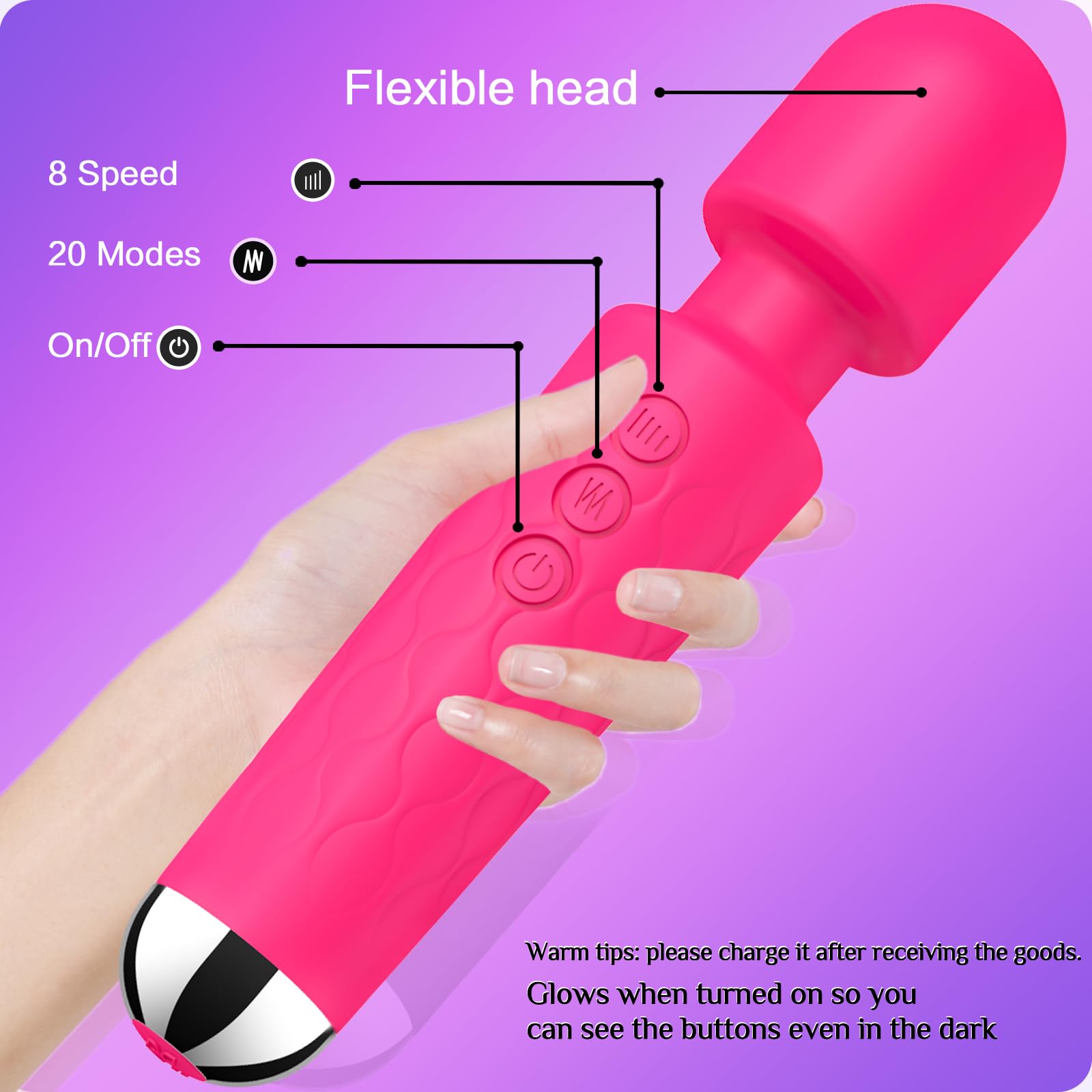 Vibrator Wand,Adult Sex Toy Wand, G Spot Dildo, Clit Vibrator, Sex Vibrators,Clitoris Stimulation,with 8 Speeds & 20 Patterns,Fully Waterproof,Vibrating Wand for her Pleasure (Rose Red)