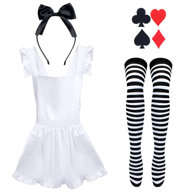 Keymall White Retro Apron Bow Headband High Thigh for Women Girls Halloween Dress Up Costume (Set B) Hover Image