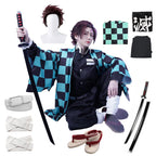 OURUEPY Full Set Men Anime Cosplay Costume For Tanjiro Party Role Costume Kimono Outfit Including Shoes Wig Sword