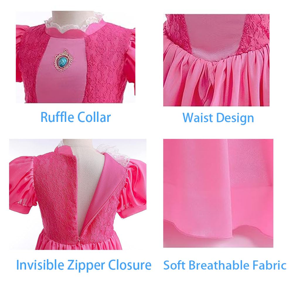 Twhxiyicos Princess Peach Cosplay Costume Girls Princess Peach Dress Kids Outfit Crown Earrings Gloves for Halloween