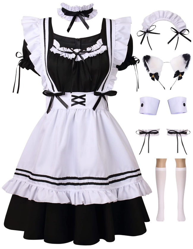 Colorful House Women's Lolita Anime Cosplay French Apron Maid Sweetheart Fancy Dress Costume (2XL, Black-9Pcs) Hover Image