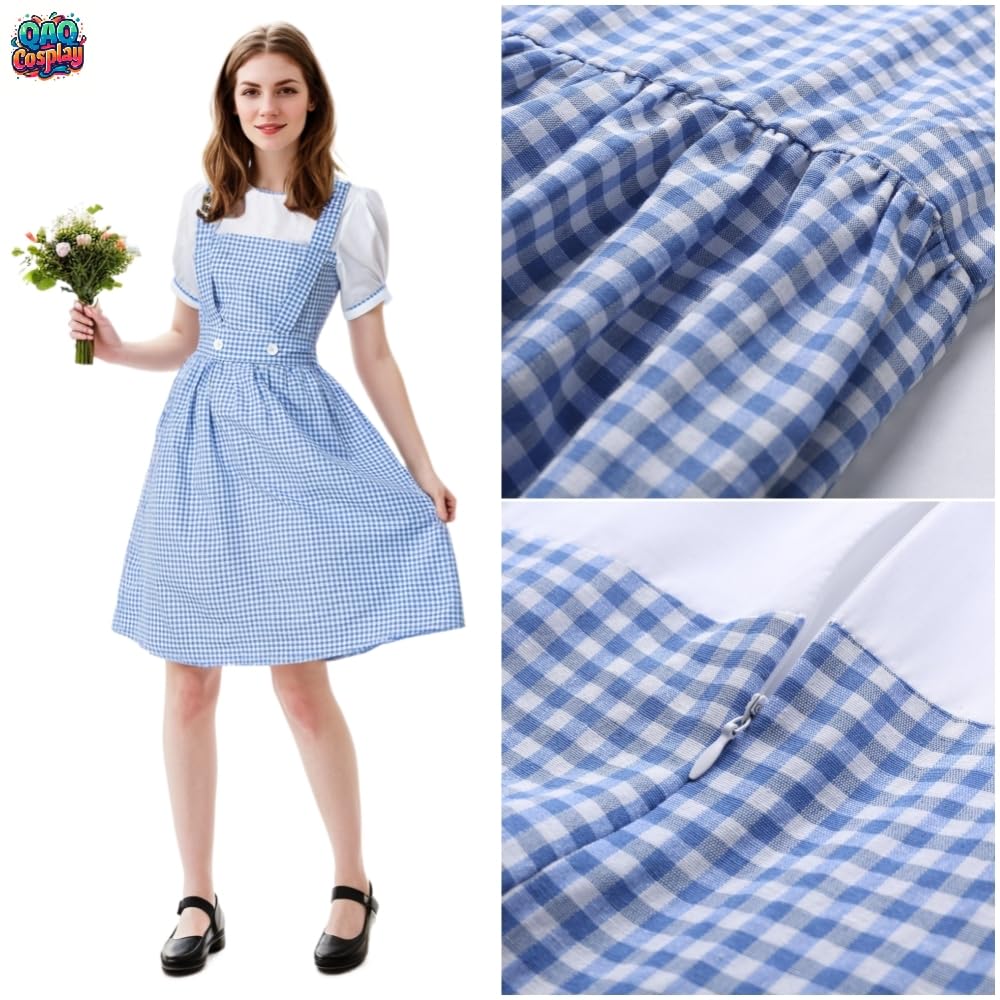 Women's Blue Gingham Costume, Storybook Character Dress Set for Halloween, Cosplay, and Themed Parties