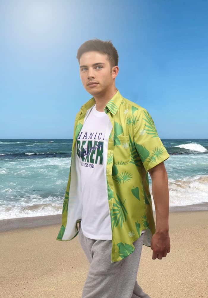 DAZCOS US Size Green Printed T-Shirt Purple Tie for Mens Hawaiian Floral Shirts Cosplay or Casual Holiday Beach Shirts