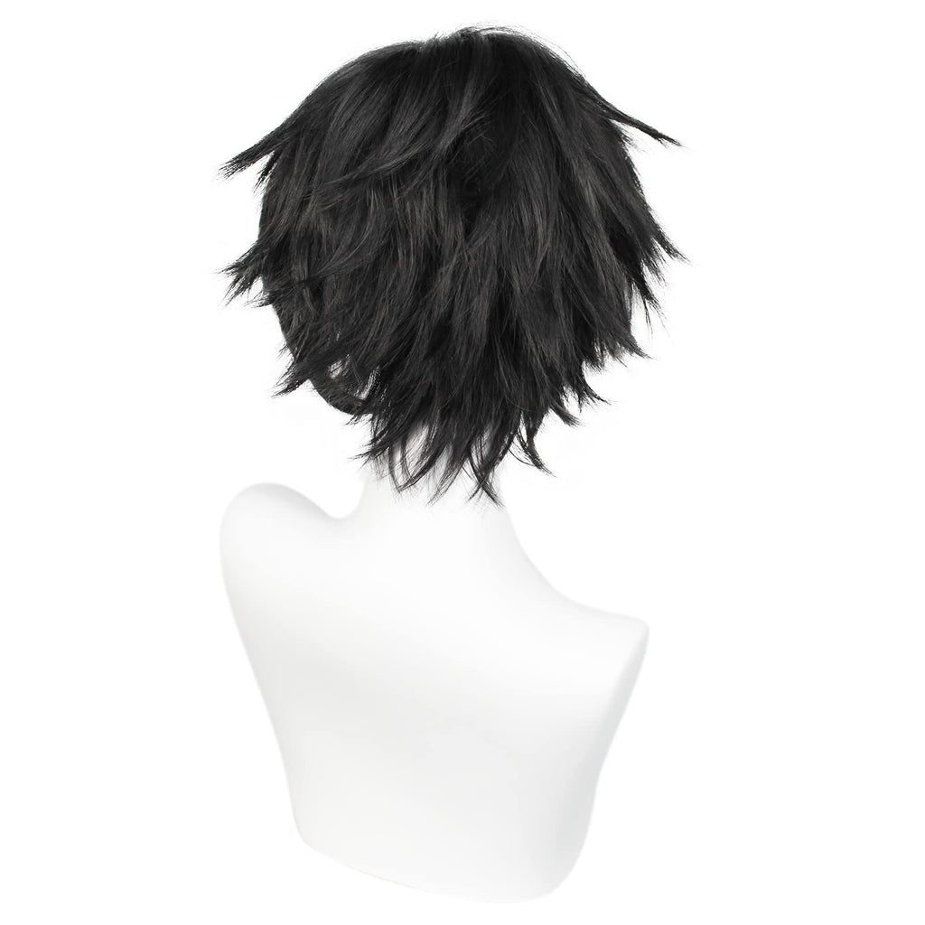 ANOGOL Hair Cap+ Short Black Wig for Men Short Black Men's Wigs for Cosplay Black Anime Cosplay Wig Layered Black Party Wigs with Bangs for Halloween Costume Christmas Peluca Negra Synthetic Hair