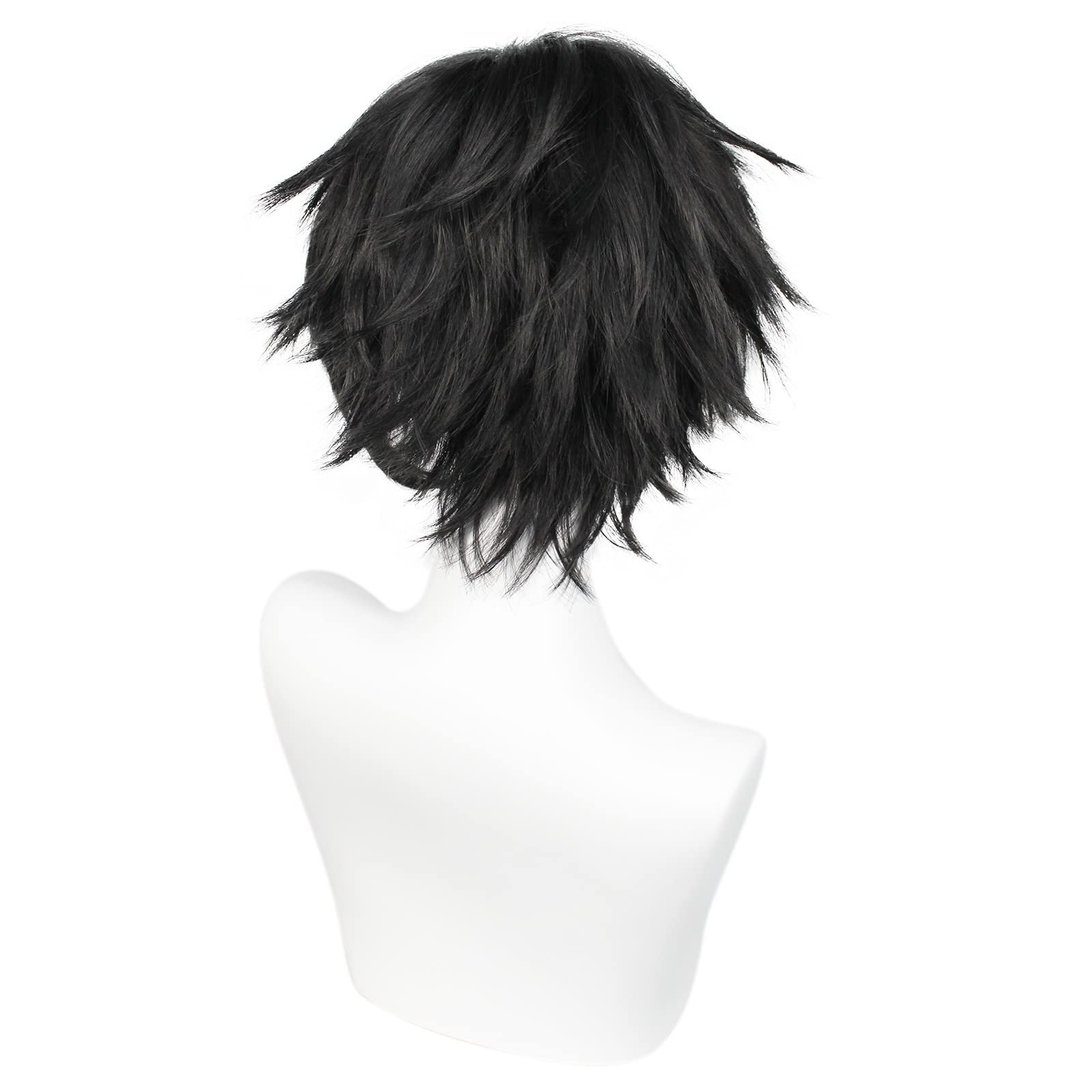 ANOGOL Hair Cap+ Short Black Wig for Men Short Black Men's Wigs for Cosplay Black Anime Cosplay Wig Layered Black Party Wigs with Bangs for Halloween Costume Christmas Peluca Negra Synthetic Hair