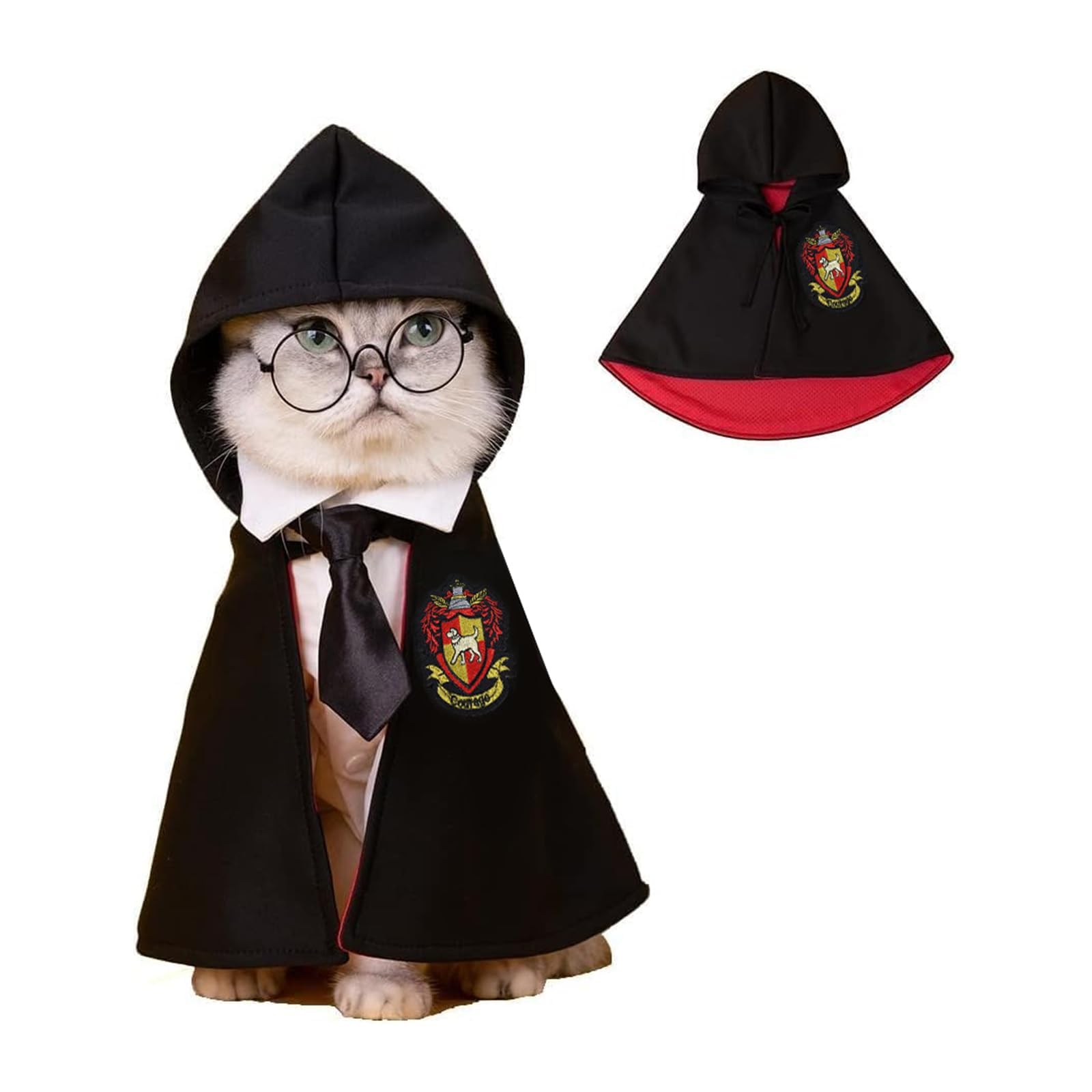 NIULA Cat Halloween Costume - Pet Wizard Costumes Mantle Magician Cosplay Clothes with Bowtie & Glasses Set, Festival Party Apparel for Small Pets Cats Dogs