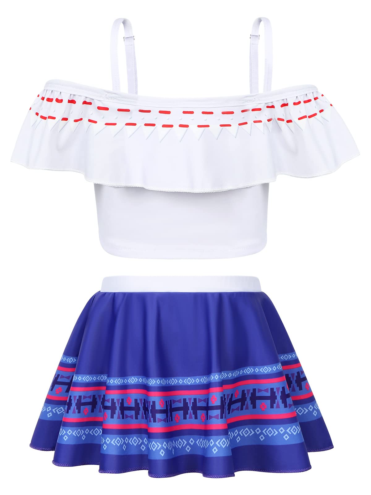 COTRIO Princess Bathing Suit for Girls Princess Swimsuit Girl Floral Ruffle 2 Piece Bikini Set Swimming Suits Off Shoulder Beach Swimwear Size 6 (5-6 Years, Blue)