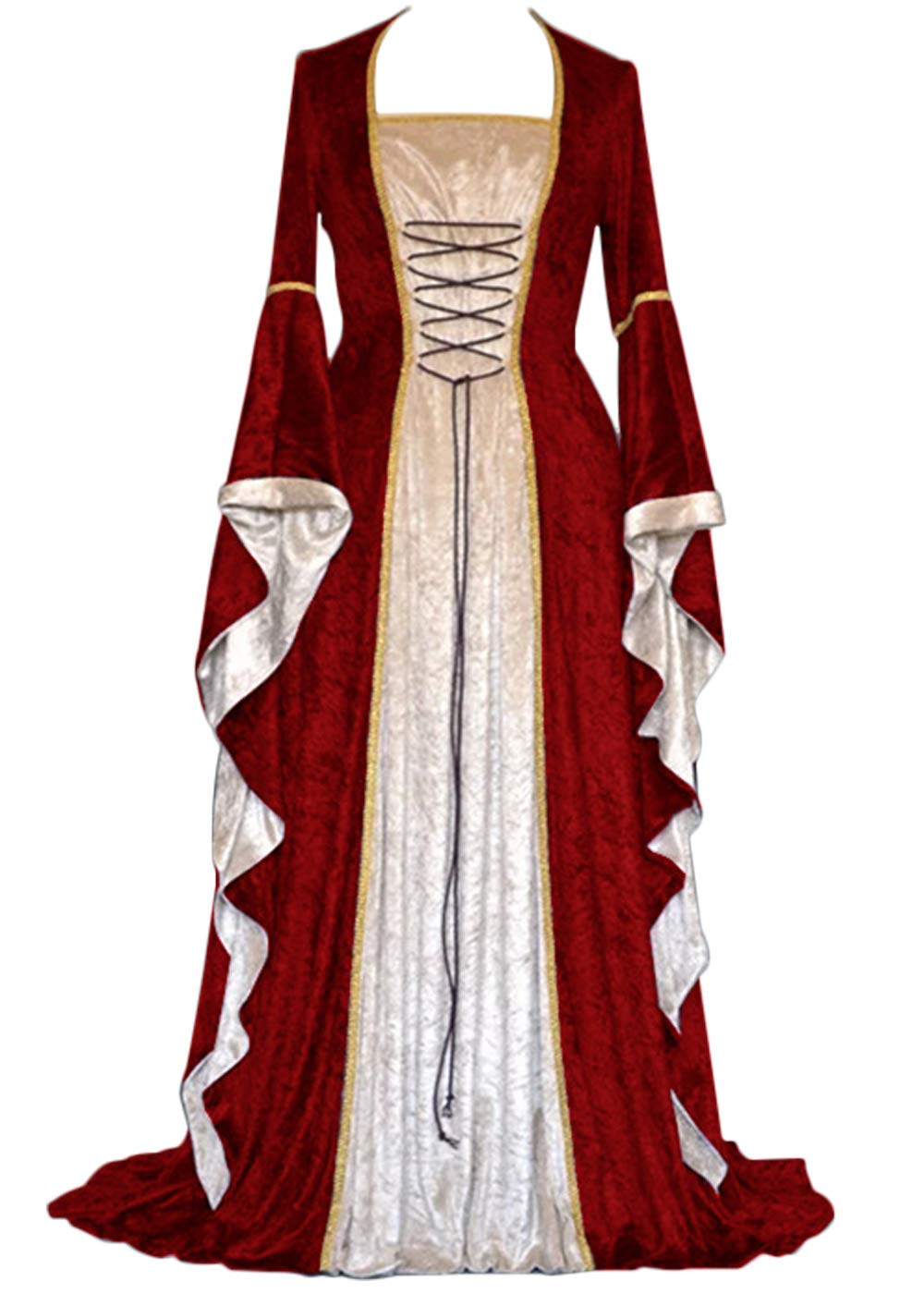 YEAXLUD Womens Renaissance Medieval Costume Dress Lace up Irish Over Long Dresses Cosplay Retro Gown S-5XL (XL, Wine Red)