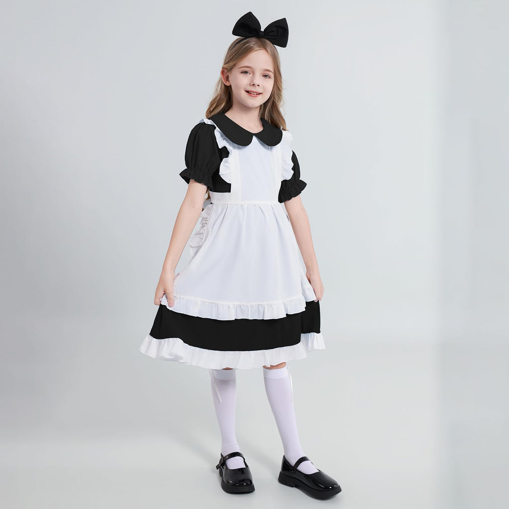 Weixinbuy Black Halloween Costume for Girls Kids Maid Costume Apron Fancy Dress Halloween Dress-Up Cosplay Costume Outfits with Headband and Stocking for Girl 13-14 Years