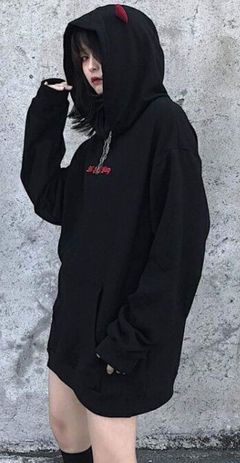 kydely Womens Devil Wings Red Horn Sweatshirt Long Sleeve Hoodie Pullover Hooded Tops, Black, Medium