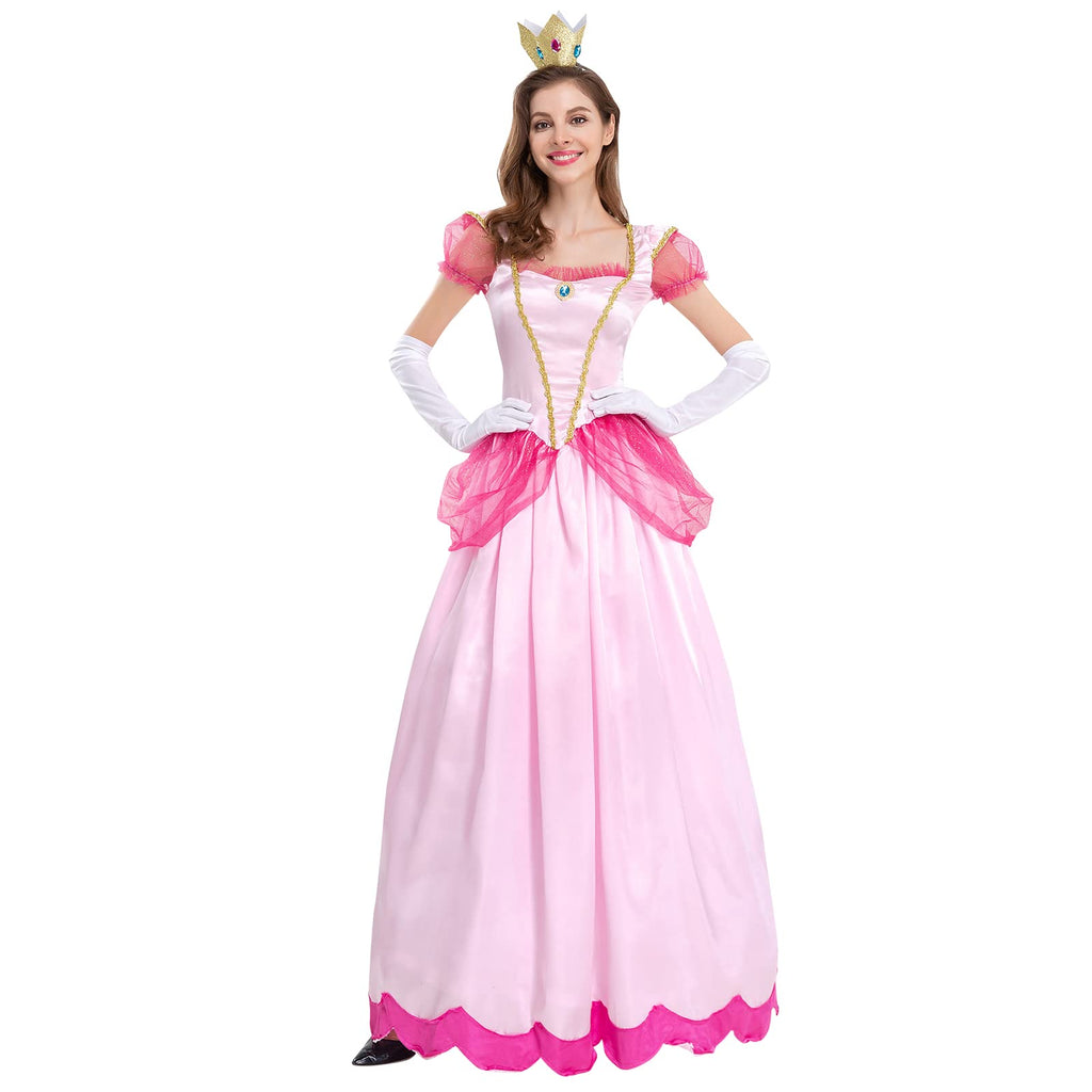 Womne's Princess Peach Costume with Crown and Gloves Halloween Birthday Party Dress up Fancy Costume Cosplay Outfit