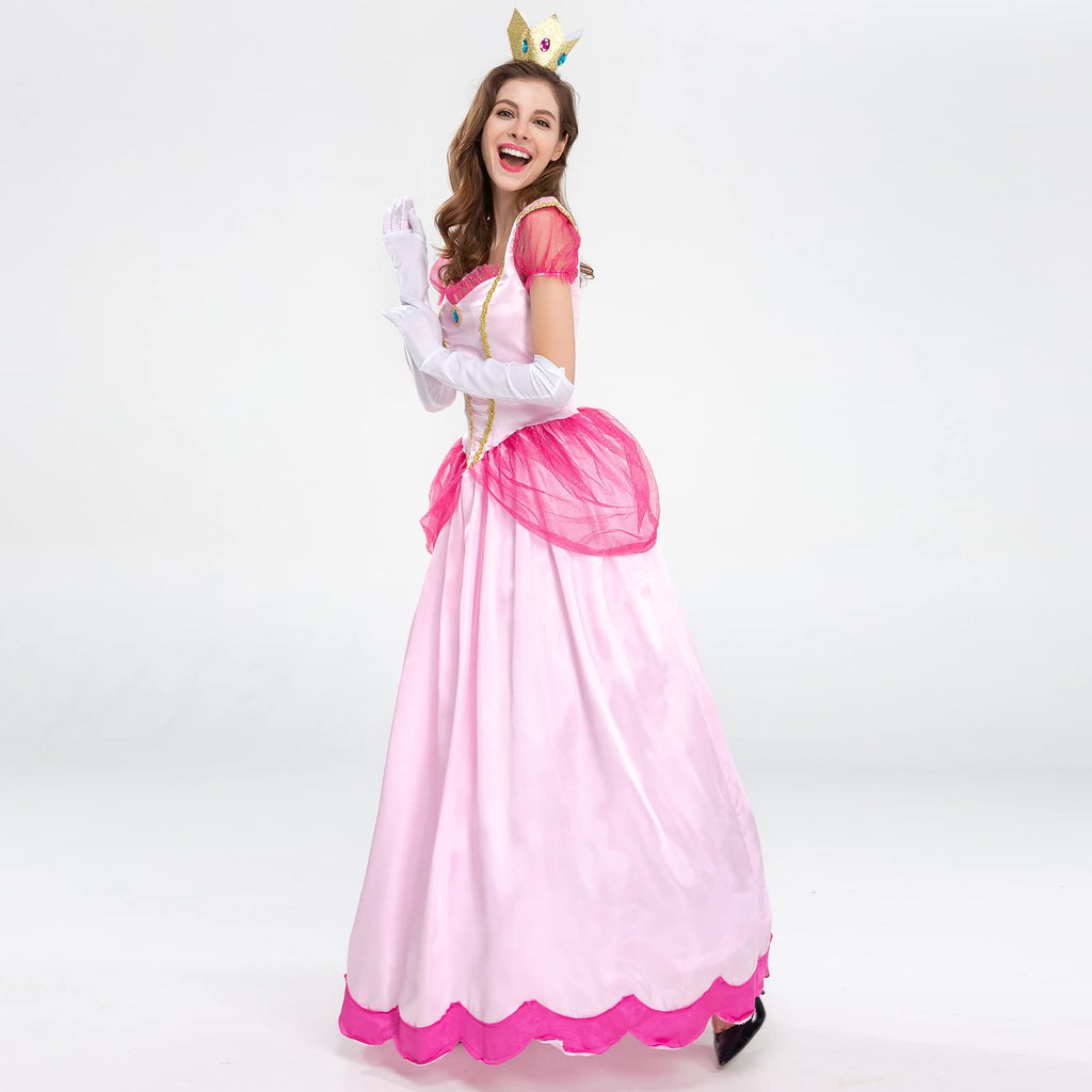 Womne's Princess Peach Costume with Crown and Gloves Halloween Birthday Party Dress up Fancy Costume Cosplay Outfit