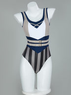 haikyuu Women Vi Cosplay One Piece Swimsuit Striped Anime Bathing Suit Bodysuit with Wrap Skirt (US, Alpha, X-Large, Regular, Regular, Standard, Multicolored)