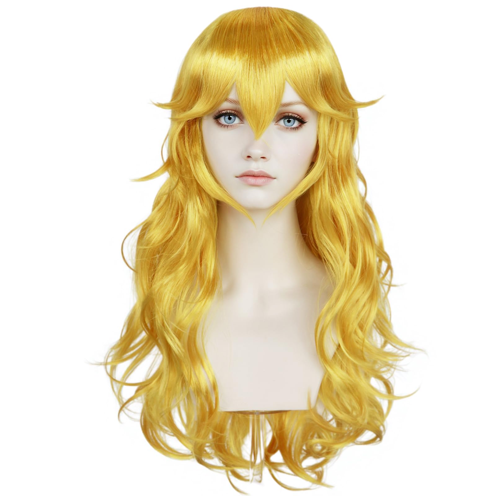 ANOGOL Hair Cap+ 28 Inch Princess Wig for Women Golden Long Wavy Wigs Peach Cosplay Wig Anime Synthetic Hair for Halloween Party Costume (1 Crown+ 1 Wand+ 2 Earrings+ 2 Gloves+ 1 Brooch)