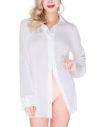 ETAOLINE Women's Sexy Sheer Sleepshirt Pajamas Long Sleeve Mesh Blouse Lingerie (White, M)