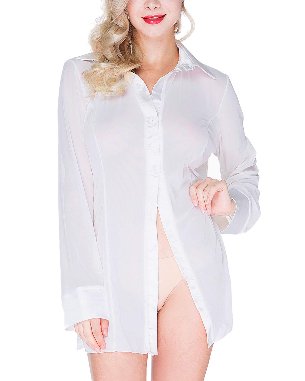 ETAOLINE Women's Sexy Sheer Sleepshirt Pajamas Long Sleeve Mesh Blouse Lingerie (White, M)