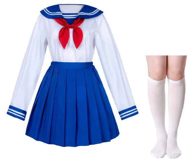 Elibelle Japanese School Girls Sailor JK Uniform Bule Pleated Skirt Anime Cosplay Costumes with Socks set(SSF31) 2XL Hover Image