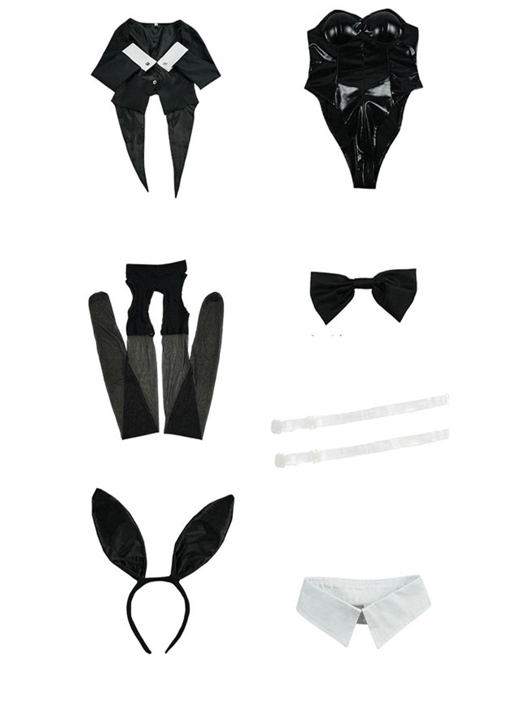 Cosplay.fm Women Dress Up Cosplay Costume Black Bunny Bodysuit and Coat with Stockings and Bunny Ear Headband (Black, S)