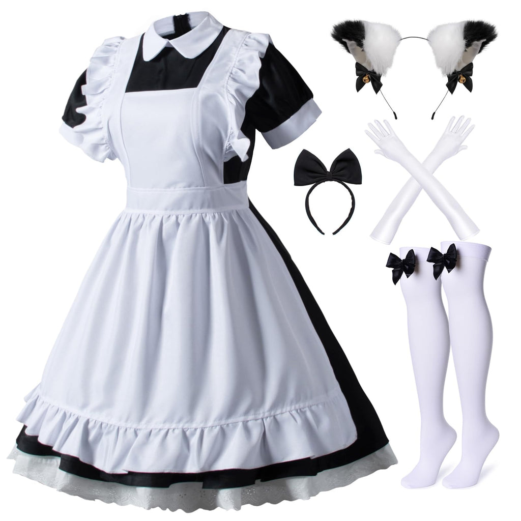 Wannsee Japanese Anime 6Pcs Lolita French Maid Apron Fancy Dress Cosplay Costume Gloves Headwear Socks set(Black L)