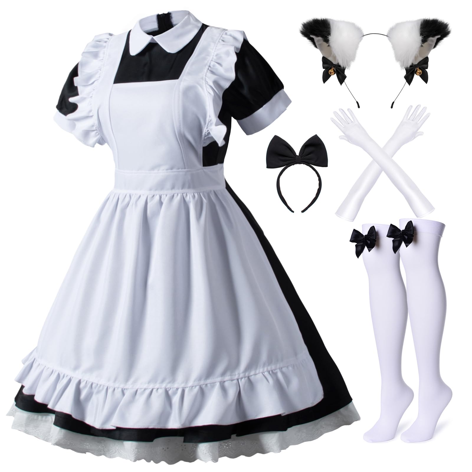 Wannsee Japanese Anime 6Pcs Lolita French Maid Apron Fancy Dress Cosplay Costume Gloves Headwear Socks set(Black L)