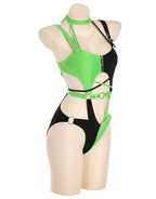 MEOWCOS Women's One Piece Swimwear Gothic Swimsuit Green and Black Spliced Cutout Bathing Suit