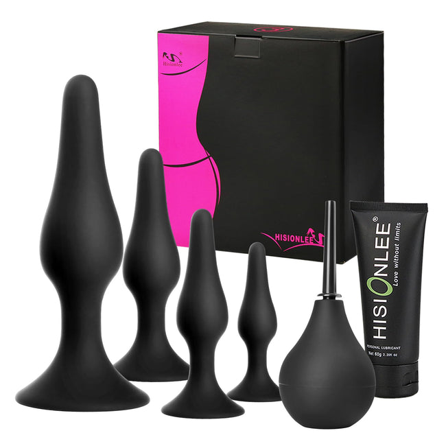 Anal Plug Sex Toys,HISIONLEE 5PCS Sex Anal Toys Silicone Butt Plug Training Kit for Adult Sex Toys & Games Women Male and Beginners (Black) Hover Image