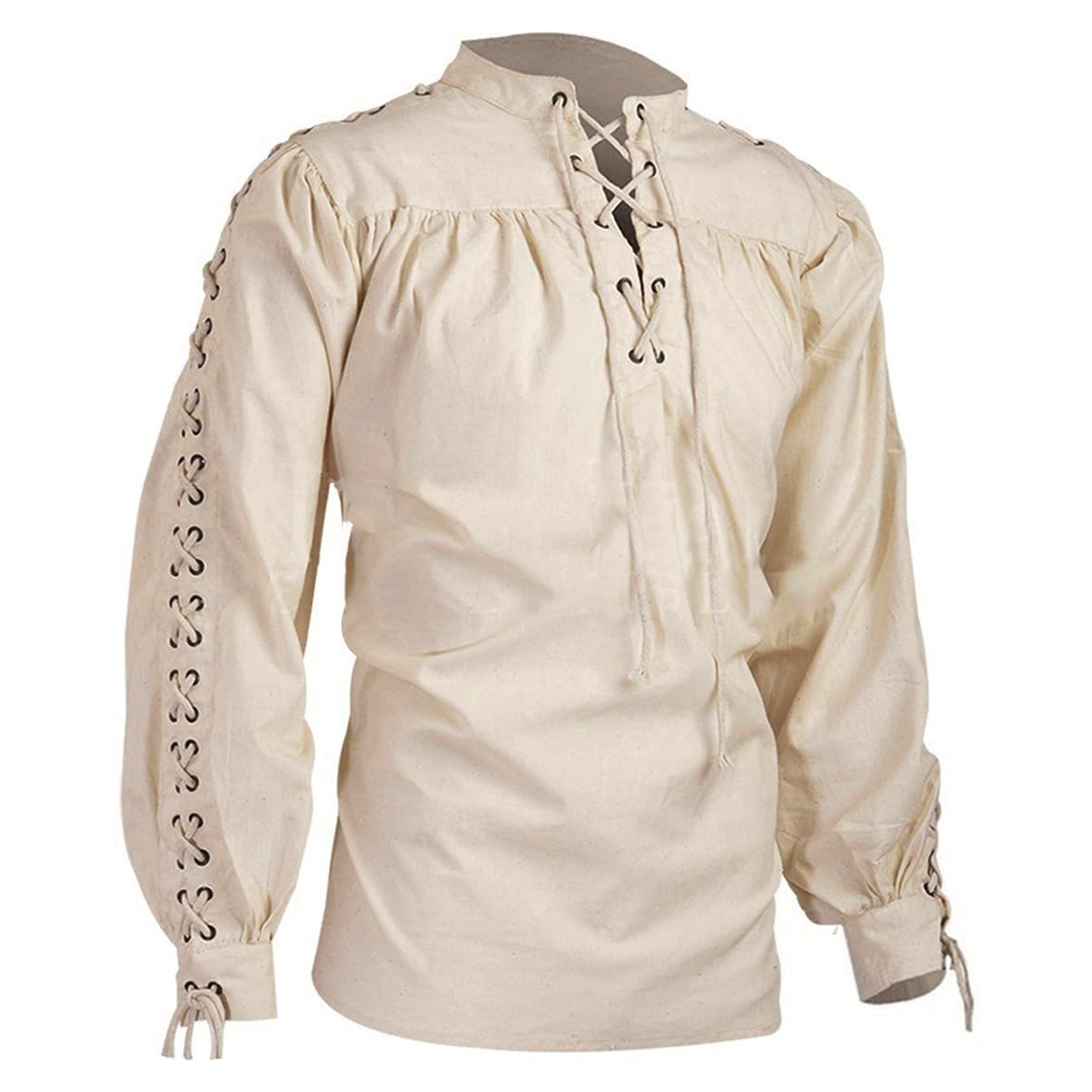Men's Loose Linen Medieval Gothic Renaissance Shirt Long Sleeve Viking Pirate Mercenary Scottish Costume Beige, Small(Bust 40.0" to 42.5")