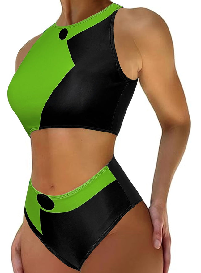 EVELUST Womens Colorblock Shego Costume - Rave Outfit Swimsuits High Neck Crop Top High Waisted Bottom Cosplay Bikini Set(BlackGreen,M,10851e) Hover Image