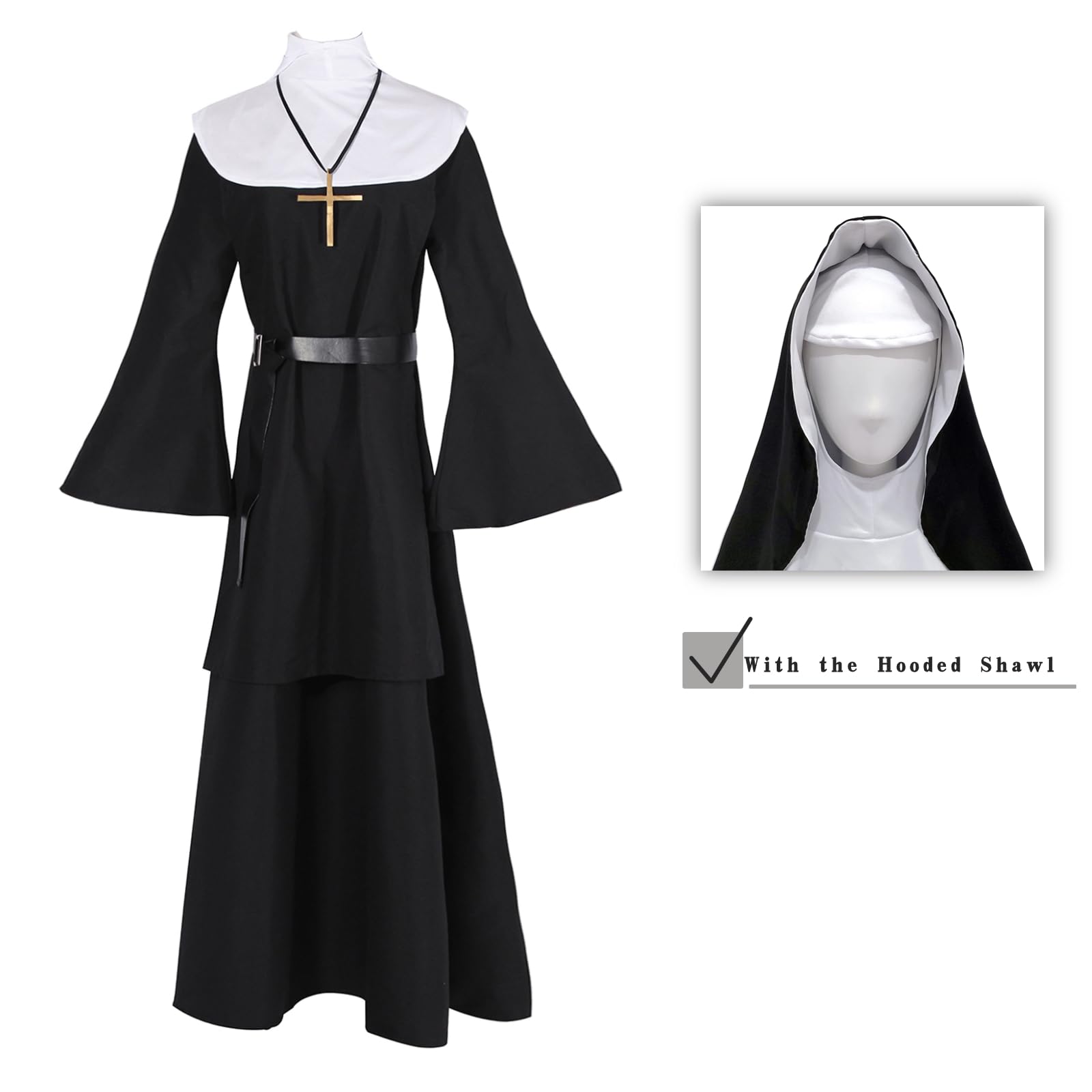 NSPSTT The Nun Costume for Women Nun Dress Halloween Cosplay for Men Nun Costume 5pcs Set
