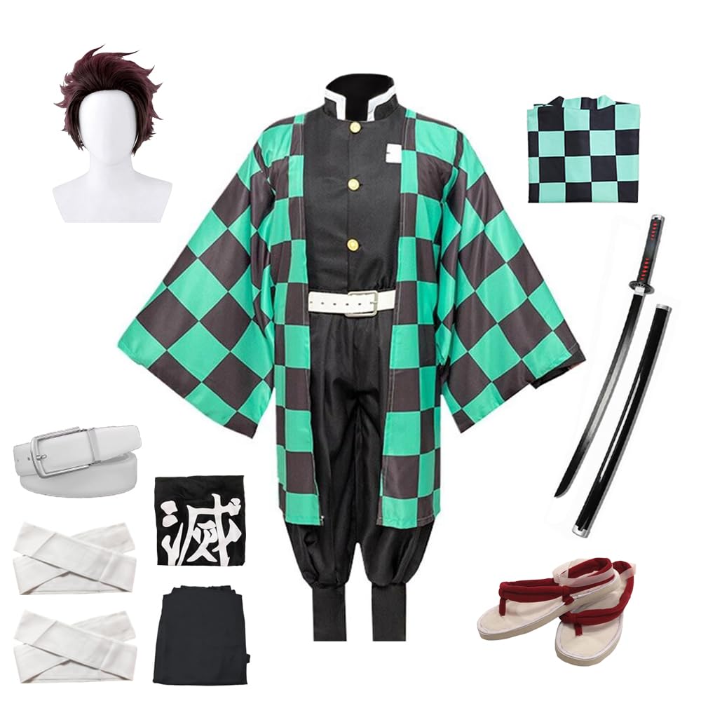 OURUEPY Full Set Men Anime Cosplay Costume For Tanjiro Party Role Costume Kimono Outfit Including Shoes Wig Sword