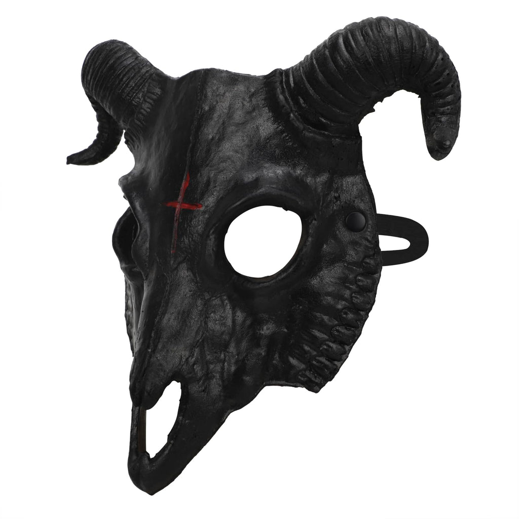 PURFUN Black Goat Head Skull Mask Ram Horns Animal Skull Costume Mask Horror Demon Devil Evil Mask Cosplay Halloween Mardi Gras Full Face Mask Creepy Party Decoration Prop