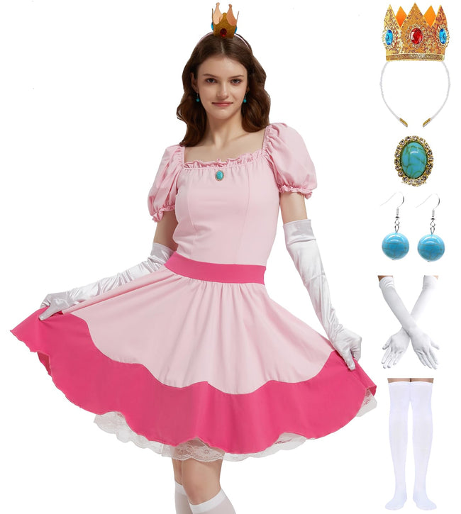 KaKaxi Halloween Costume Pink Evening Dresses with Waist Belts Gloves Hats Golden Crown Leggings Earrings Accessories for Women,S Main Image