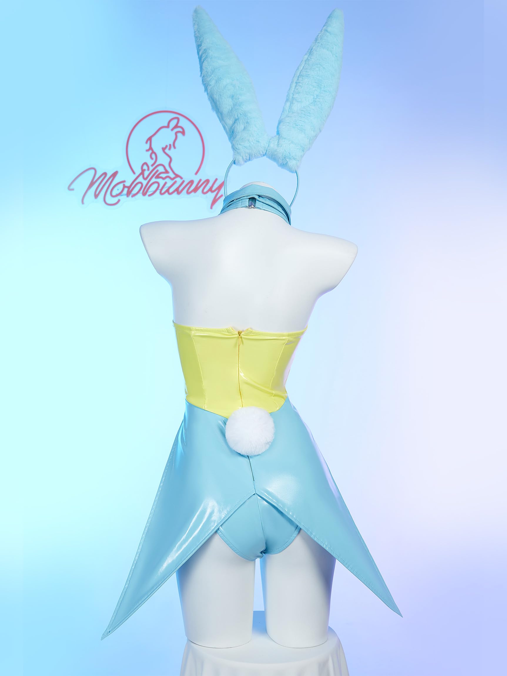 Mobbunny Women's Bunny Costume Easter Bunny Girl Bodysuit Rabbit One-Piece Jumpsuit Lingerie Set with Headband (Blue, small)