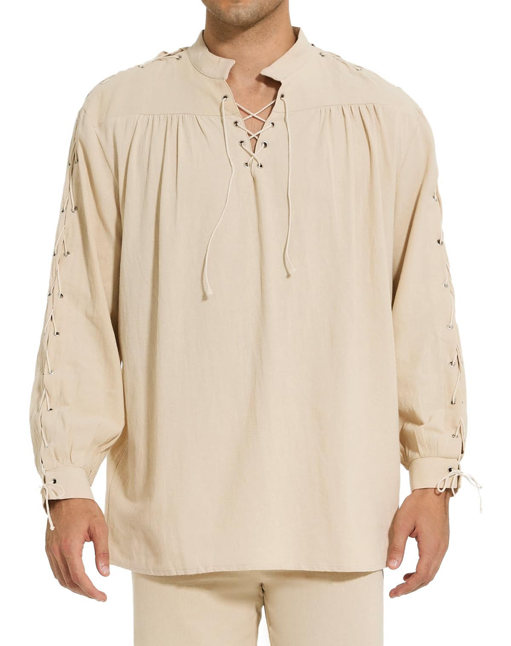 Men's Loose Linen Medieval Gothic Renaissance Shirt Long Sleeve Viking Pirate Mercenary Scottish Costume Beige, Small(Bust 40.0" to 42.5")