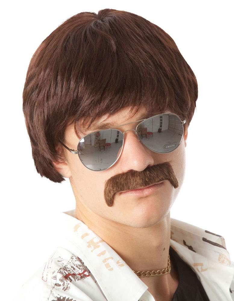 ALLAURA Compatible with Sonny Bono Wig – 60s 70s Men’s Short Brown Wig + Mustache for Hippie, Singer, TV Star, Cop, Detective Costumes – Liberty Duo, Limu & Doug, Uncle Rico, Retro Halloween Outfit