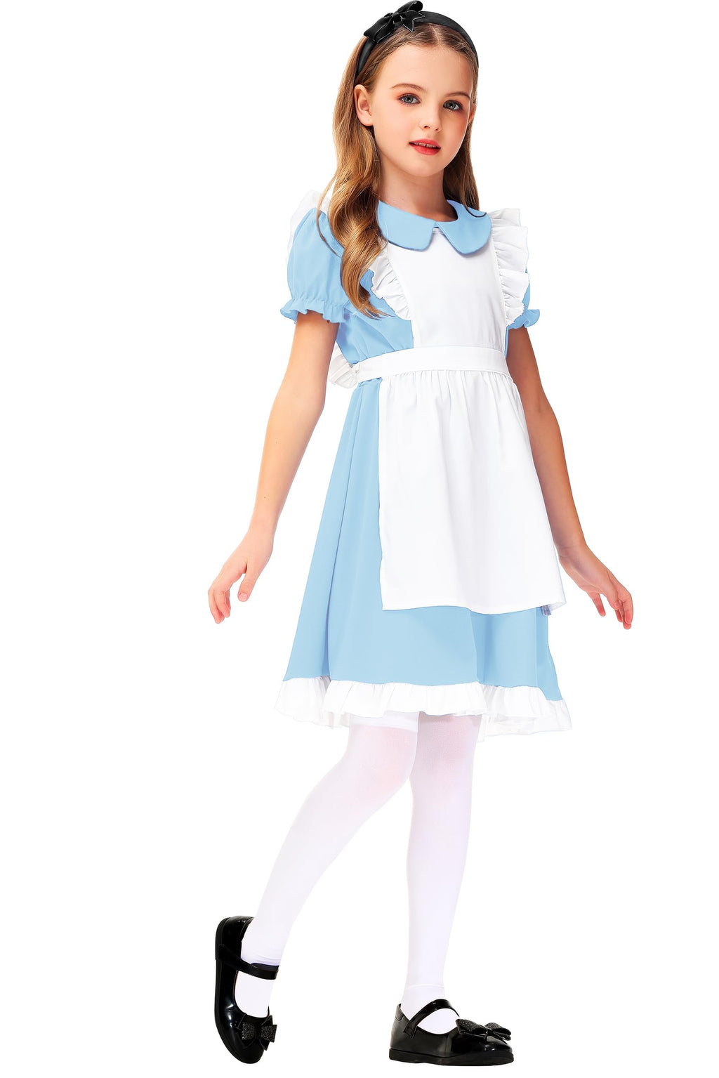 Alice in Wonderland Dresses Girl's Elastic Waist Puff Sleeve Princess Dress Maid Outfit 13-14 Years Light Blue