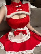 SNOMYRS Women's Maid Outfit Christmas Maid Costume with Plush Trim Apron Headpiece - Cute Cosplay Outfits Dress for Christmas Party