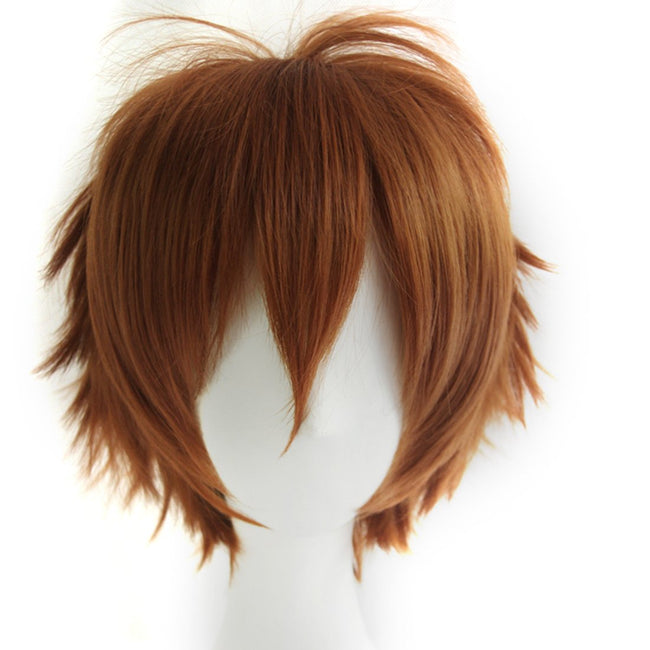 LABEAUTÉ Mens Short Brown Cosplay Wig Male Unisex Fluffy Heat Resistant Wigs With Bangs Hair for Party and Halloween + Free Cap Hover Image