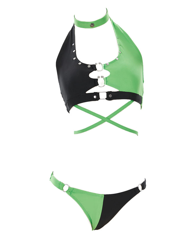 MEOWCOS Black and Green Buckle Decoration Two-Piece Swimsuit Hover Image