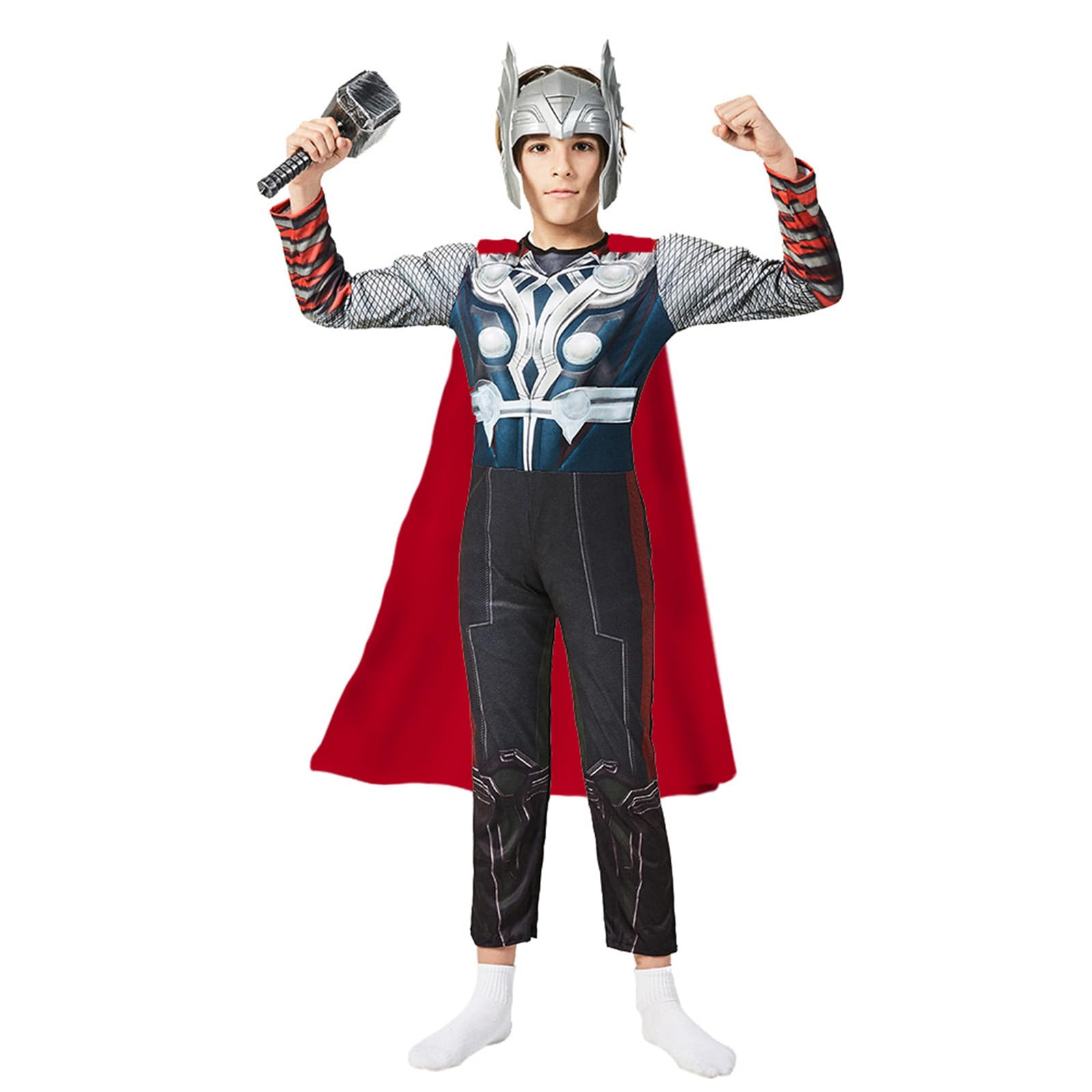 EJWCIG Kids Super Hero Costume Muscle Suit with Helmet Red Cape Jumpsuit Hammer Outfit 4 PCS Sets Suit Halloween Party Cosplay Props (S(43-47inch)