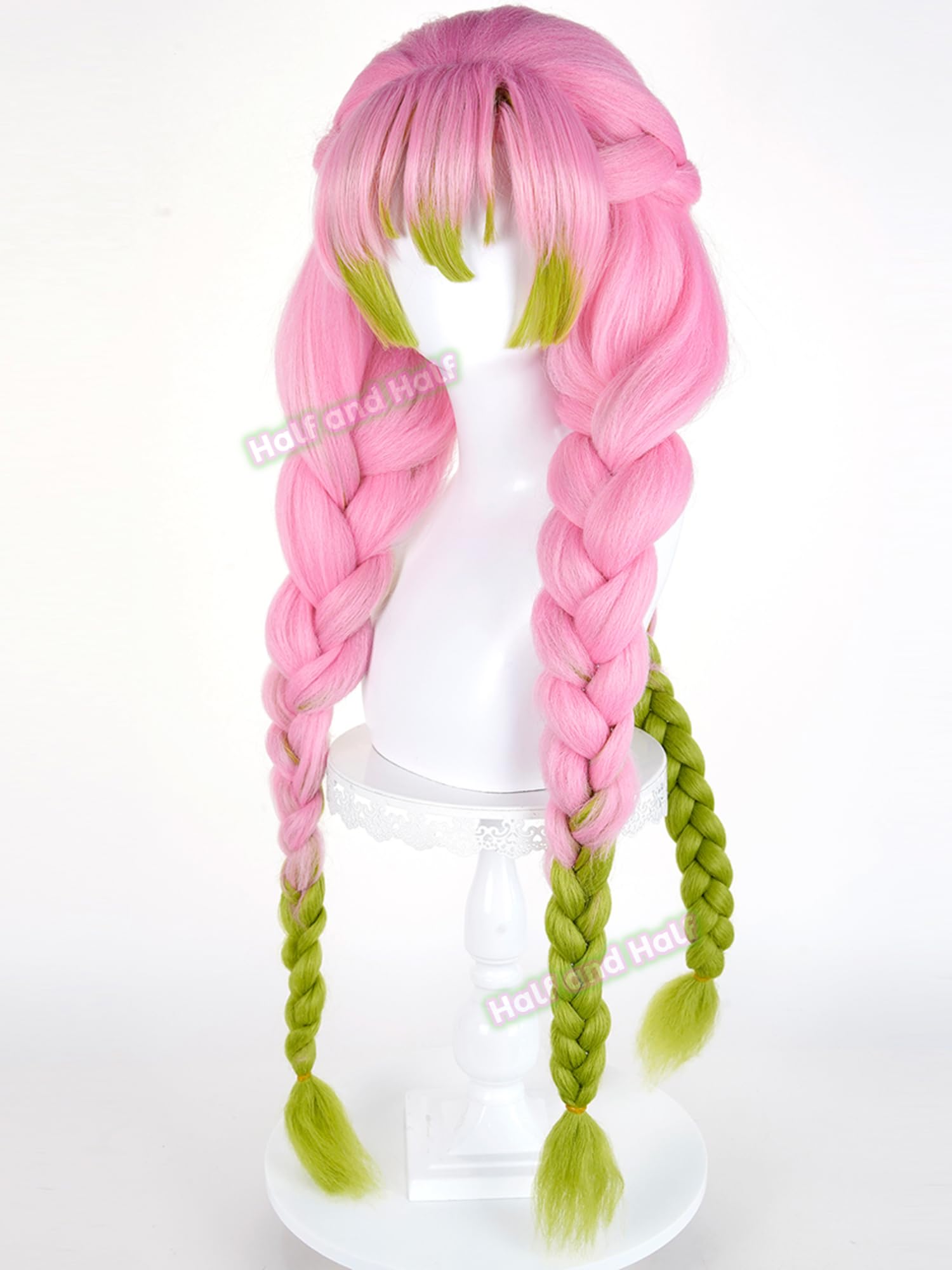Mitsuri Cosplay Wig Pink and Green Braided Anime Wig with Bangs Mitsuri Kanroji Costume Wigs 35.4'' Synthetic Fiber Hair for Women Halloween Party