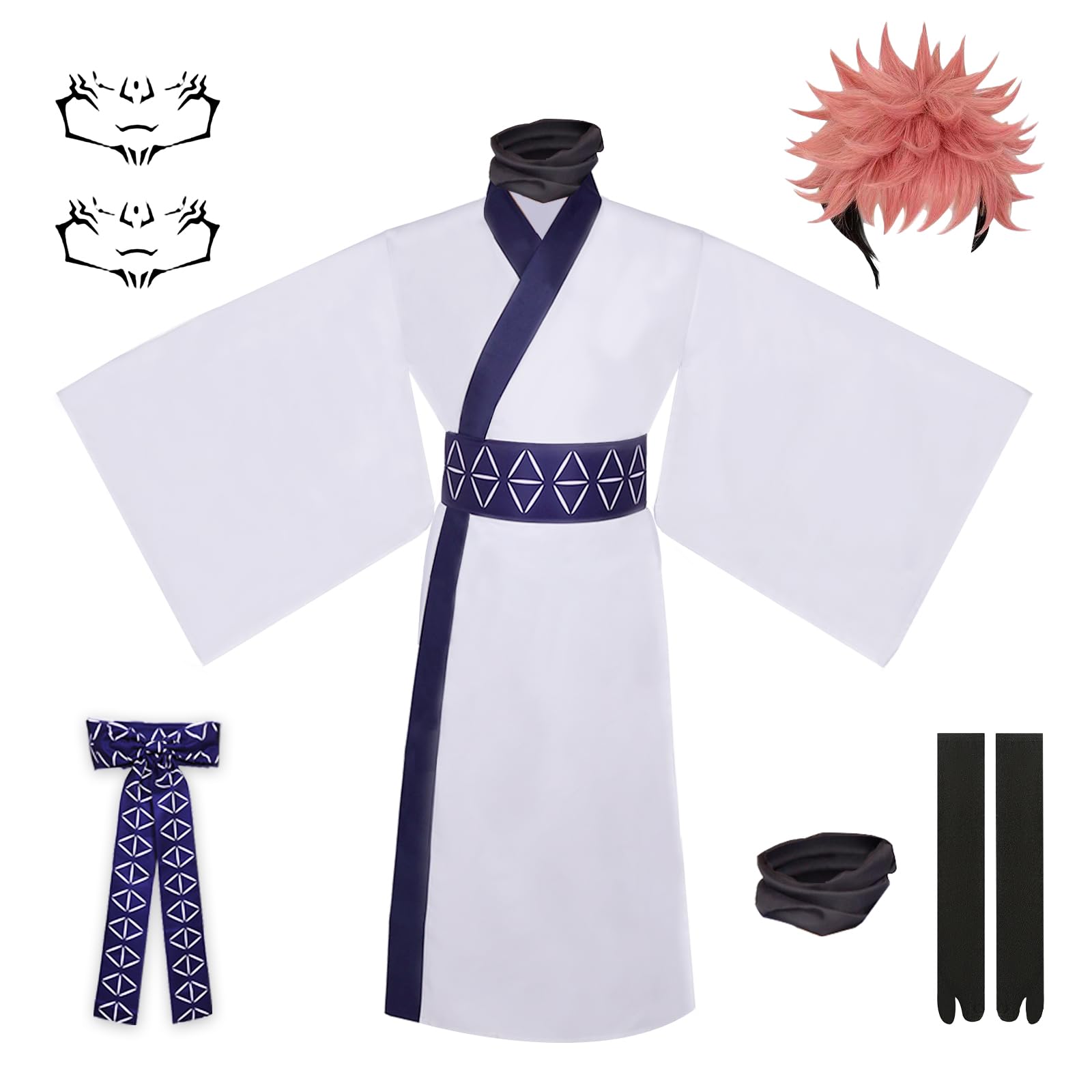 yyleasar Ryomen Sukuna Kimono Halloween Outfit Anime Cosplay Costume Men Robe Uniform Full Set for Dressing With socks obi sticker wig (S)