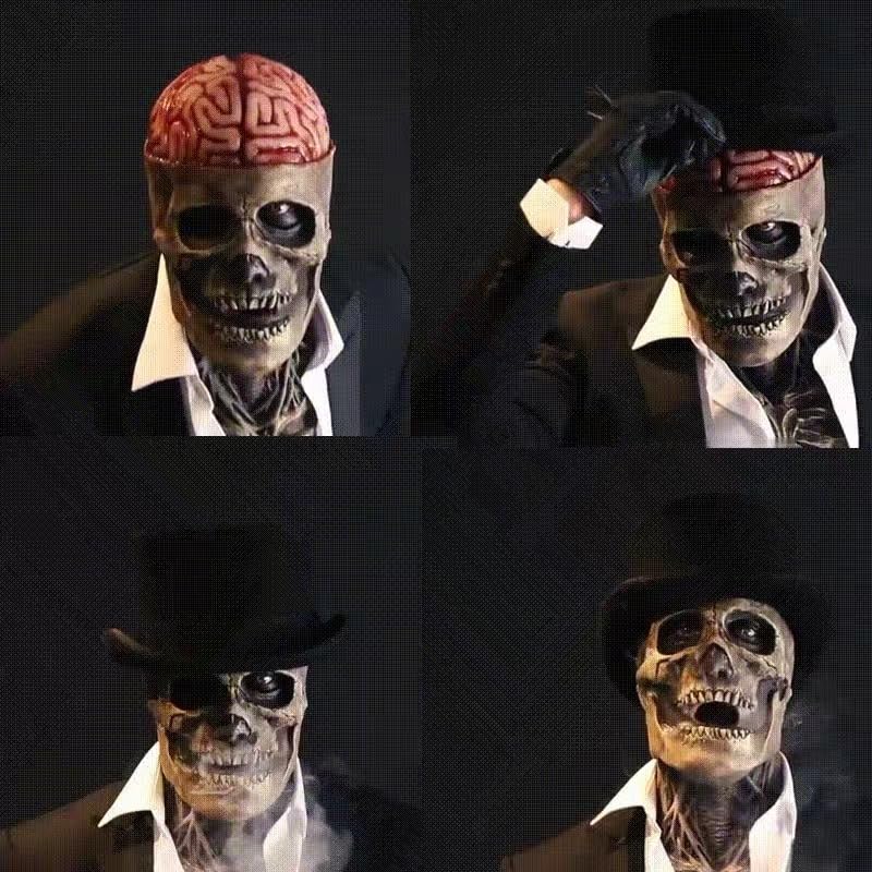 FLOWERTEEN Skeleton Halloween Scary Latex Mask with Moving Jaw Realistic Full Head Skull Mask Party Cosplay (Without Hat)