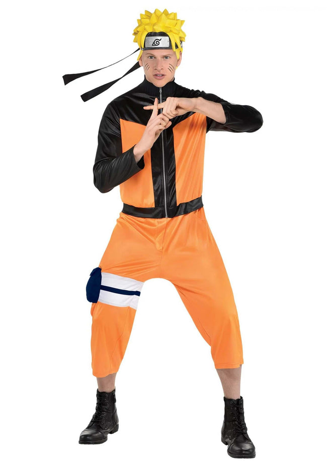 Party City Naruto Costume for Adults, Standard Size, Includes Black and Orange Zip Jumpsuit, Holster, and Headpiece Hover Image